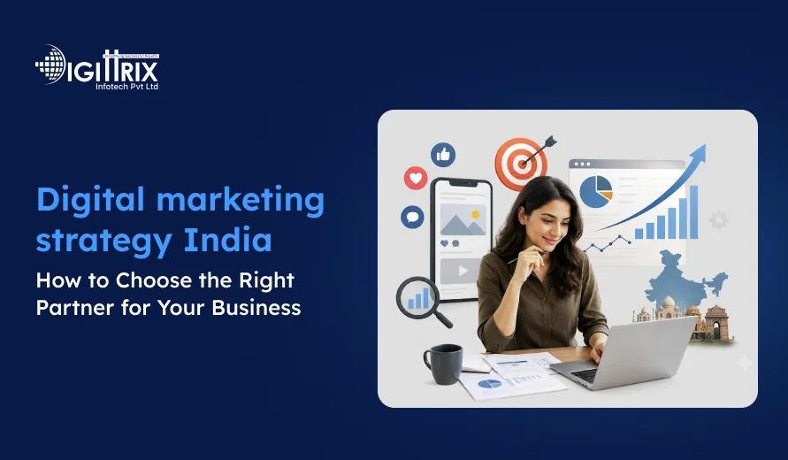 Digital marketing strategy in India with a woman working on a laptop, charts, social media icons, and India landmarks in the background.
