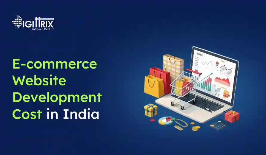 E-commerce website development cost in India infographic. Features a laptop with charts and shopping icons, including a cart, bags, and gift boxes on a blue background.