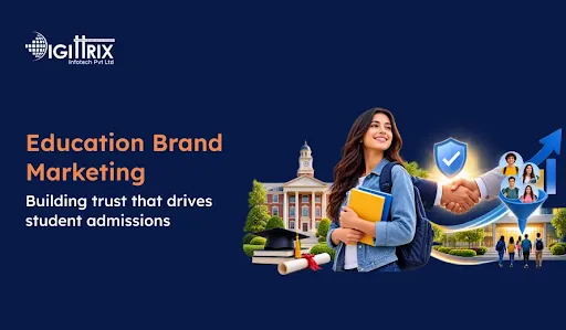 Education brand marketing concept by Digittrix with a smiling student, university, handshake, and growth icons emphasizing trust and admissions.