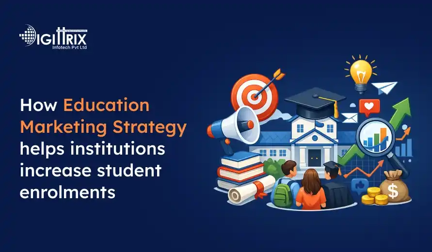 Graphic showing education marketing strategy concepts with students, graduation cap, target, magnifying glass, and growth icons.