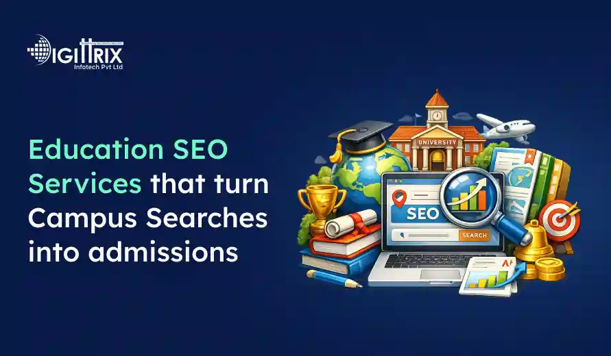 Education SEO services graphic featuring a laptop with SEO search, university building, globe, books, trophy, and growth chart icons.