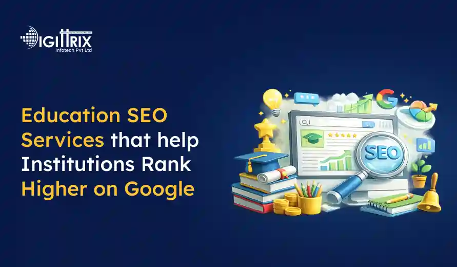 Education SEO services by Digitrix Infotech with books, a graduation cap, a magnifying glass, and SEO analytics on a computer screen.