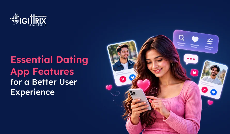 Woman using a smartphone beside dating app profiles and icons, with text: “Essential Dating App Features for a Better User Experience.”
