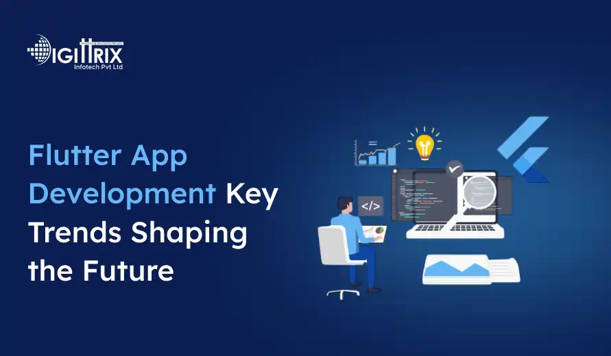 Blue-themed graphic showing Flutter App Development: Key Trends Shaping the Future with a person at a computer, code, charts, and a glowing light bulb symbolizing innovation.