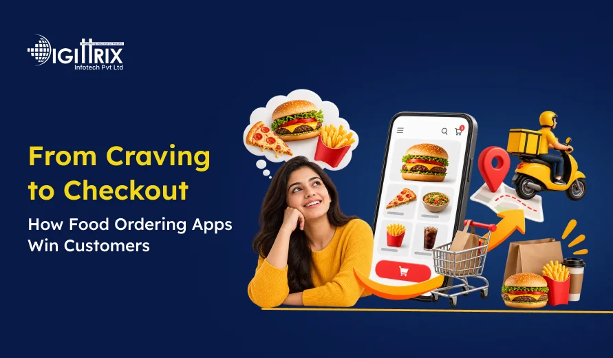 Woman craving fast food with a smartphone food ordering app, delivery scooter, shopping cart, and food items illustrating online food ordering.