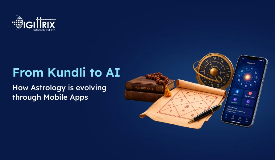 Digittrix graphic titled “From Kundli to AI,” showing astrology books, zodiac chart, celestial globe, and smartphone with a modern astrology app.