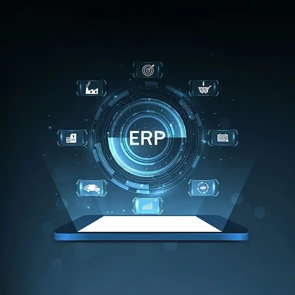 Holographic digital interface displaying ERP at the center with icons for manufacturing, sales, delivery, analytics, and scheduling above a tablet.