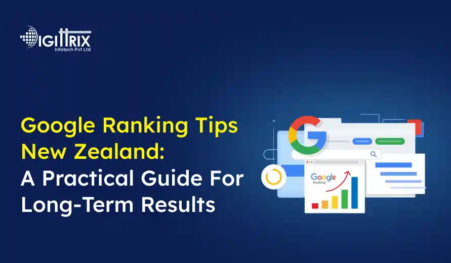 Digital graphic titled Google Ranking Tips New Zealand: A Practical Guide For Long-Term Results features icons of a graph, search bar, and browser.