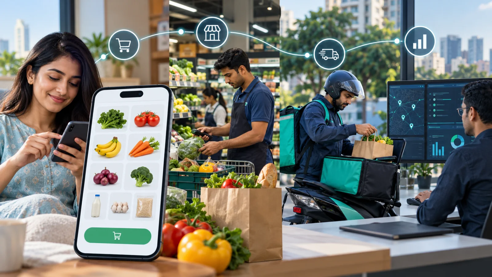 Promotional graphic for a grocery delivery app MVP, showing a phone with food listings, groceries, a shopper, scooter driver, and users.