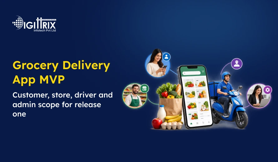Promotional graphic for a grocery delivery app MVP, showing a phone with food listings, groceries, a shopper, scooter driver, and users.