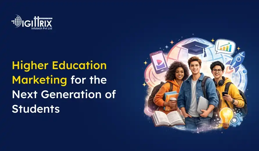  Group of diverse students with books and tech icons, promoting higher education marketing for the next generation of learners.