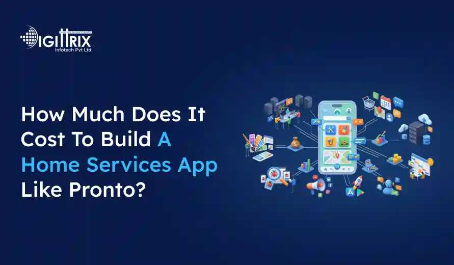 Digital graphic showing a mobile app with various service icons and the text How Much Does It Cost To Build A Home Services App Like Pronto? on a blue background.