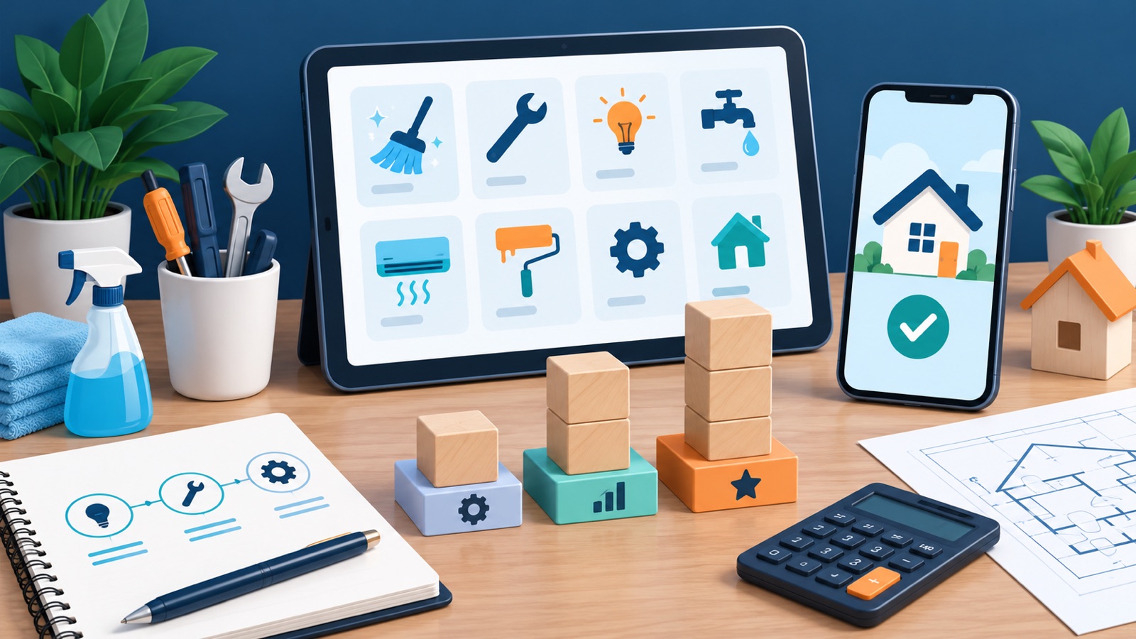 Illustration of home services app planning with a tablet, smartphone and three levels of development scope