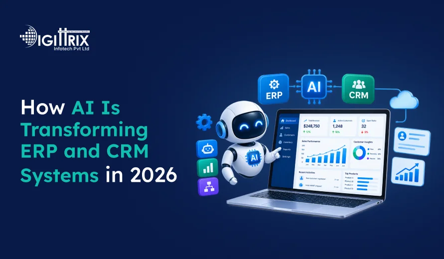Graphic reading “How AI Is Transforming ERP and CRM Systems in 2026,” featuring a robot, laptop dashboard, and ERP/CRM icon.