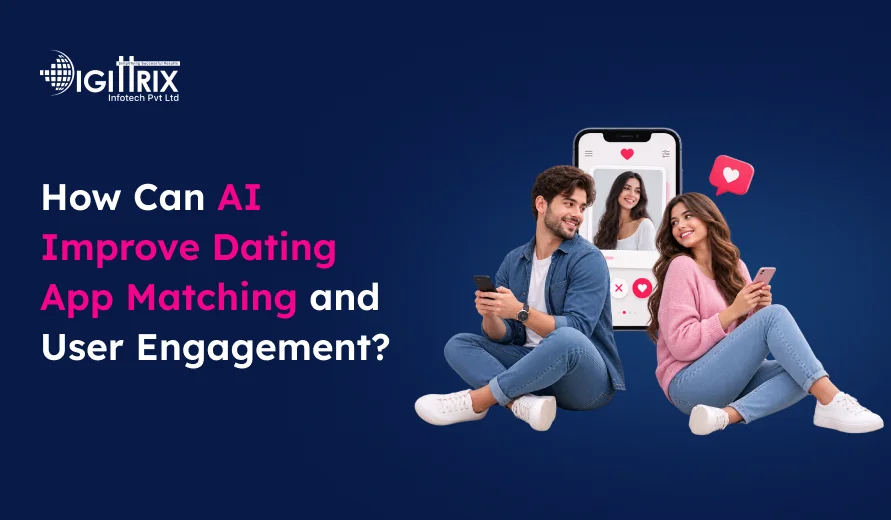 Two young adults using dating apps on their phones with a large smartphone screen showing a match, highlighting AI improving dating app matching.