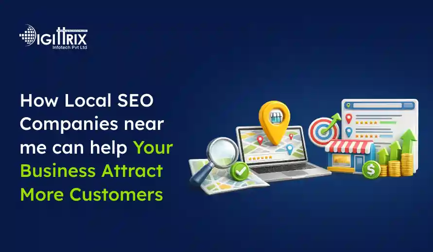 Image showing how local SEO companies can help businesses attract more customers with maps, a magnifying glass, a laptop, and growth icons.