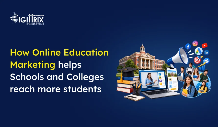 Image showing how online education marketing helps schools and colleges reach more students through digital tools and social media.