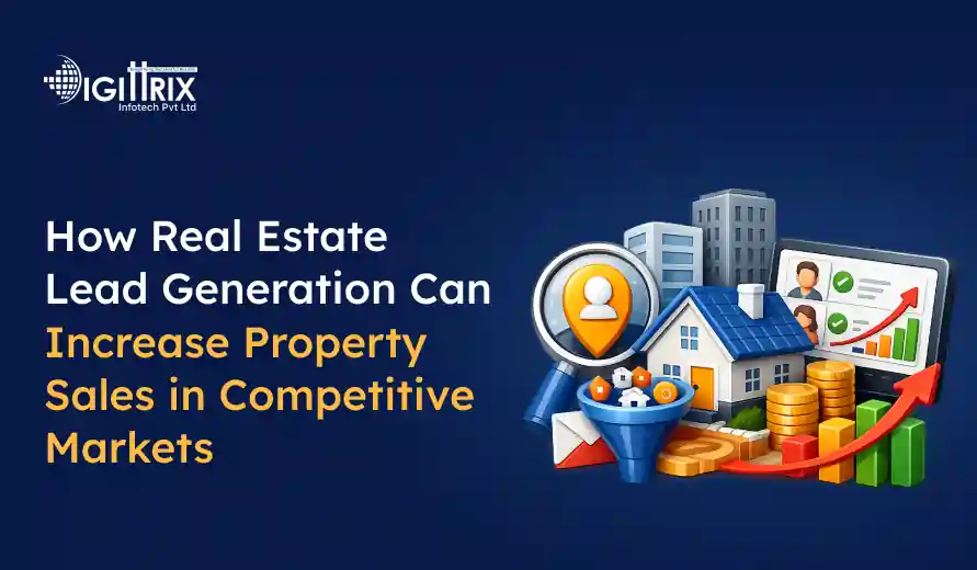 Graphic showing real estate lead generation concepts with a house, funnel, coins, and rising sales chart on a blue background.