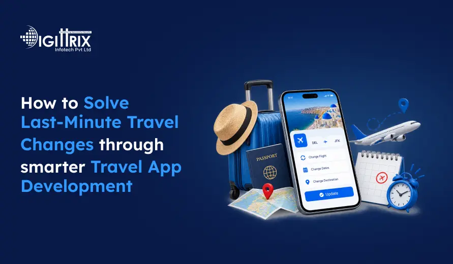 Dark blue travel guide banner reading “How to Solve Last-Minute Travel Changes through smarter Travel App Development,” beside a suitcase, phone, map, airplane, notepad, and clock.