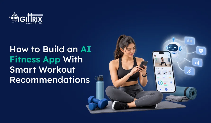 Banner promoting an AI fitness app, showing a woman using a smartphone with workout gear, app interface, and fitness chatbot icons