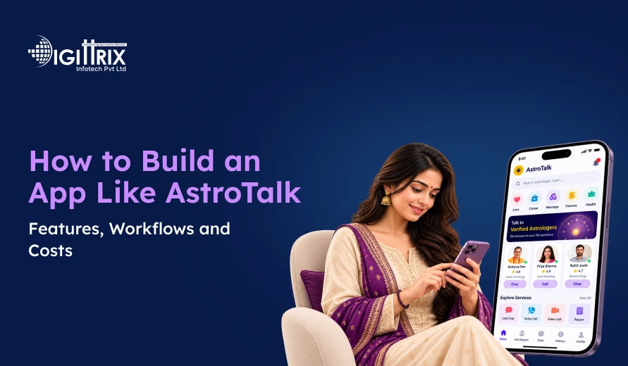 Promotional banner for “How to Build an App Like AstroTalk: Features, Workflows and Costs,” showing a woman using a phone with an astrology app on screen.