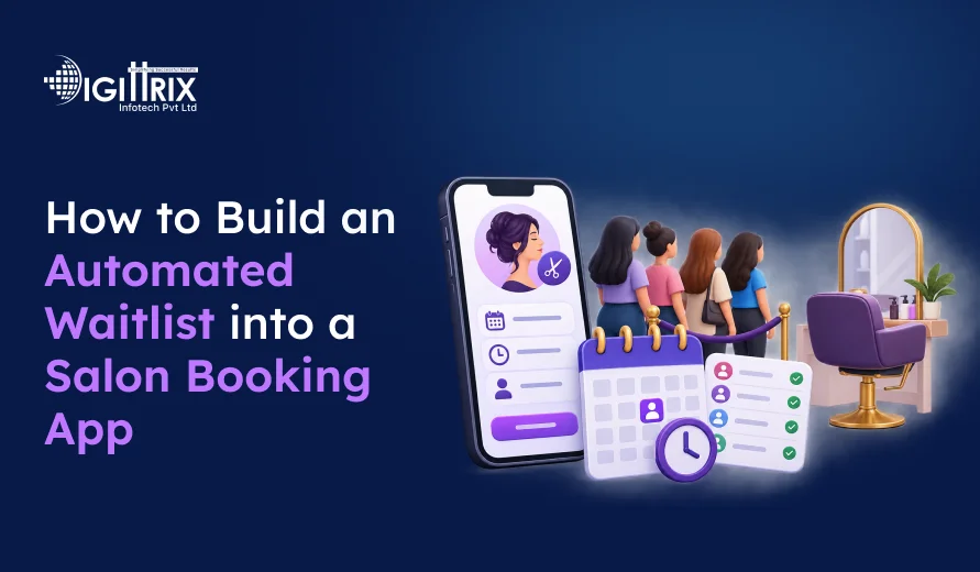 Image showing a salon booking app with an automated waitlist feature and women waiting in line for a salon chair.