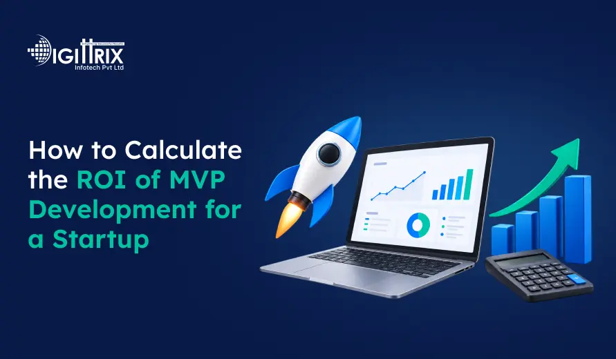 A dark blue graphic reads “How to Calculate the ROI of MVP Development for a Startup,” beside a rocket, laptop with charts, rising bars, and calculator.