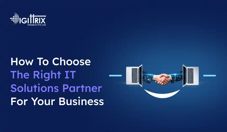 Digital image titled How to Choose the Right IT Solutions Partner for Your Business. Two robotic arms extend from laptops, shaking hands to symbolize partnership. Logo of a tech company at the top left on a dark blue background.