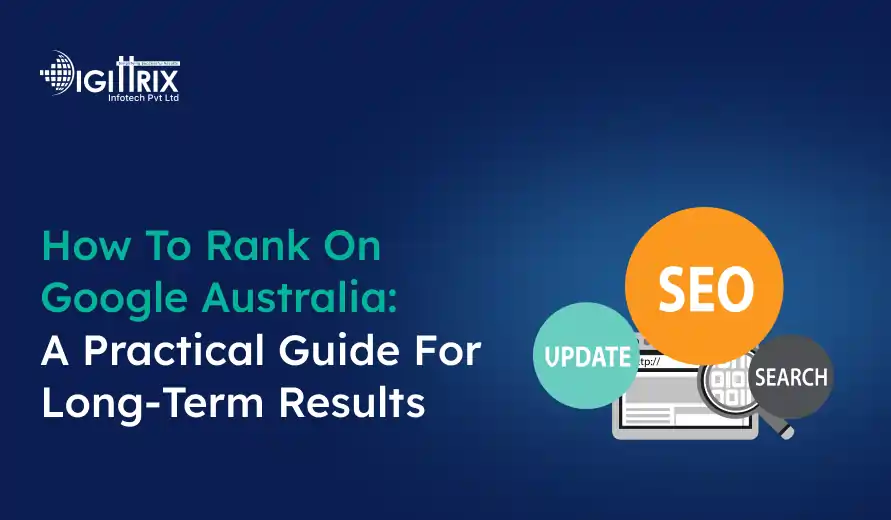 Digital marketing guide cover with the text How to Rank on Google Australia: A Practical Guide for Long-Term Results. Includes SEO icons.
