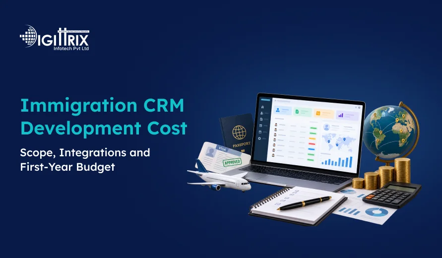 Digittrix banner advertising immigration CRM development costs, featuring a laptop, passport, visa, airplane, globe, coins, calculator, and documents.