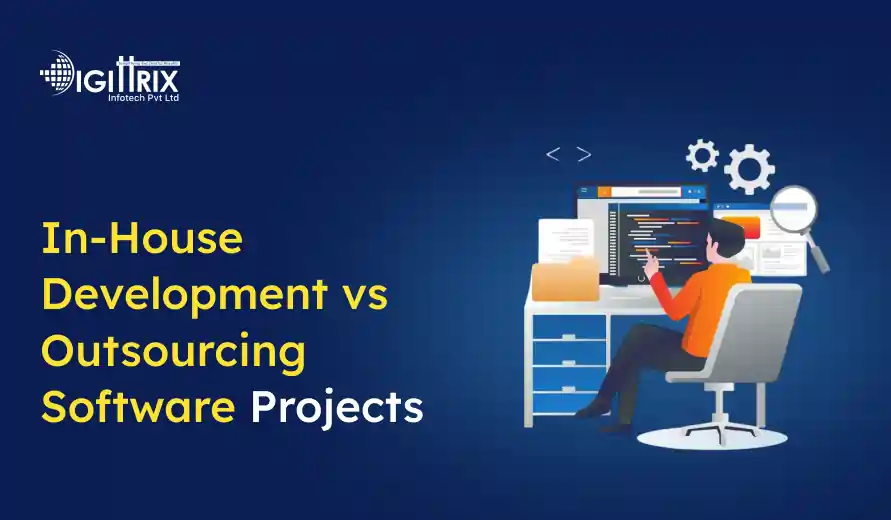 Image of a person working at a desk with a computer displaying code, symbolizing software development. Text reads In-House Development vs Outsourcing Software Projects. The background is dark blue, featuring gears and a magnifying glass, suggesting technology and analysis.