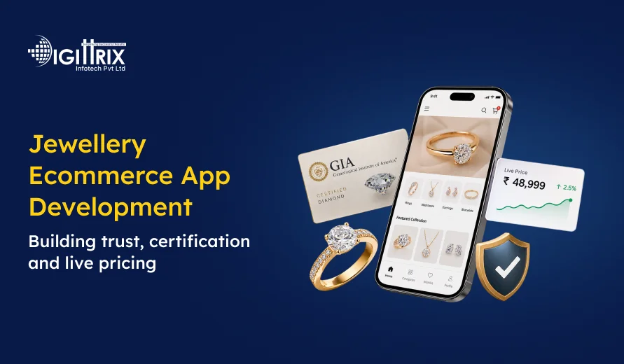 Jewellery e-commerce app development banner showing a smartphone, diamond ring, GIA certificate, live pricing, and security shield.