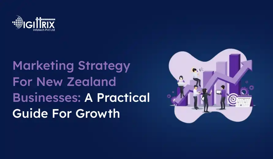 Marketing strategy guide for New Zealand businesses with a growing bar chart and people analyzing data on a blue background.