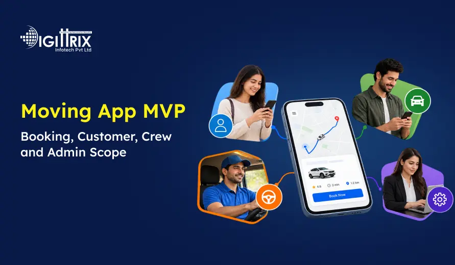 Promotional graphic for a moving app MVP showing users, a driver, and a phone with a map, highlighting booking, customer, crew, and admin scope.