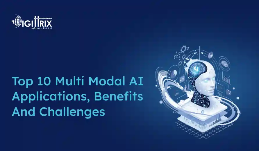 Graphic of a human-like AI head with digital elements, next to text reading Top 10 Multi Modal AI Applications, Benefits And Challenges. Company logo in top left.