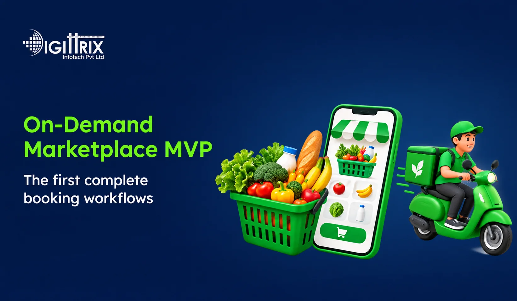 Promotional graphic for DIGITTRIX’s on-demand marketplace MVP, showing a grocery-filled basket, a shopping app on a phone, and a courier on a scooter.