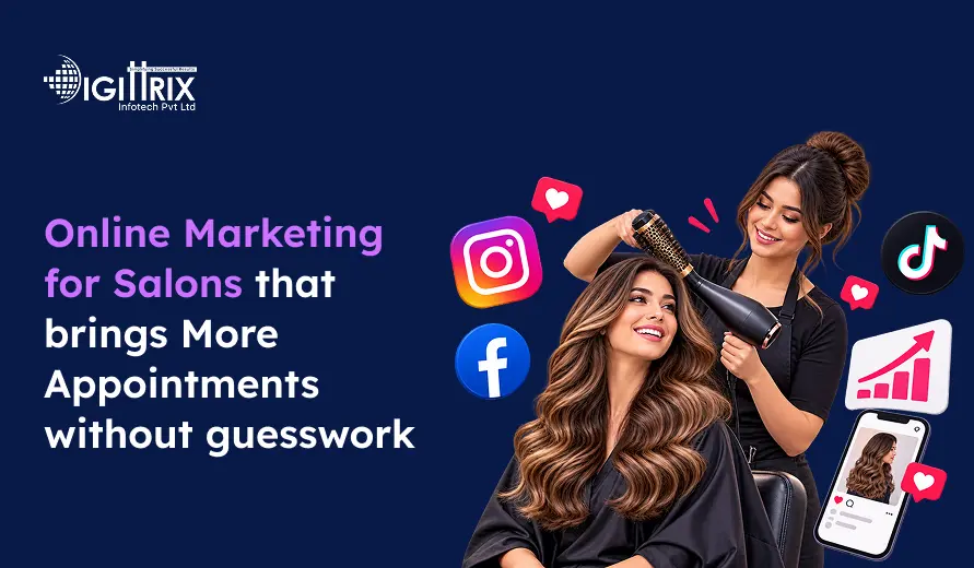 Salon hairstylist blow-drying a client’s hair with social media icons and text promoting online marketing for salons to boost appointments.
