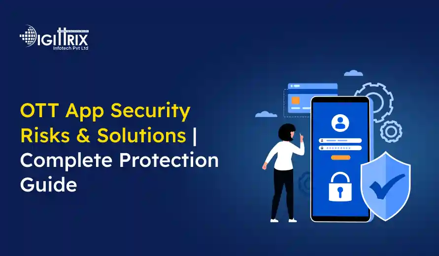 Graphic of a person interacting with a large mobile device displaying a login screen, with security icons and gears. The text reads OTT App Security Risks & Solutions | Complete Protection Guide. Company logo Digittrix Infotech Pvt Ltd at the top left.