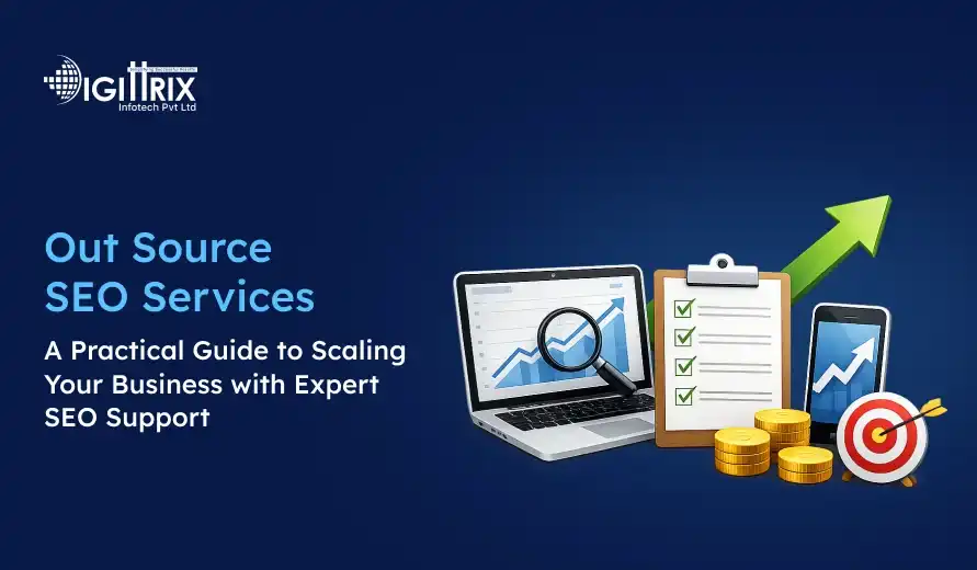 Outsource SEO services guide by Digitrix Infotech with visuals of laptop, clipboard, coins, smartphone, and upward growth arrow.