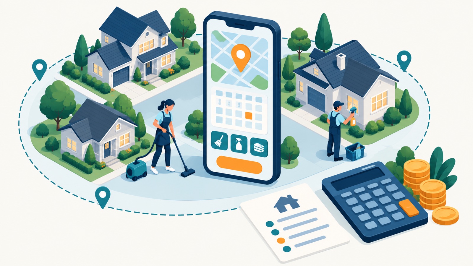 Illustration of a neighbourhood service zone, cleaning bookings and software cost planning