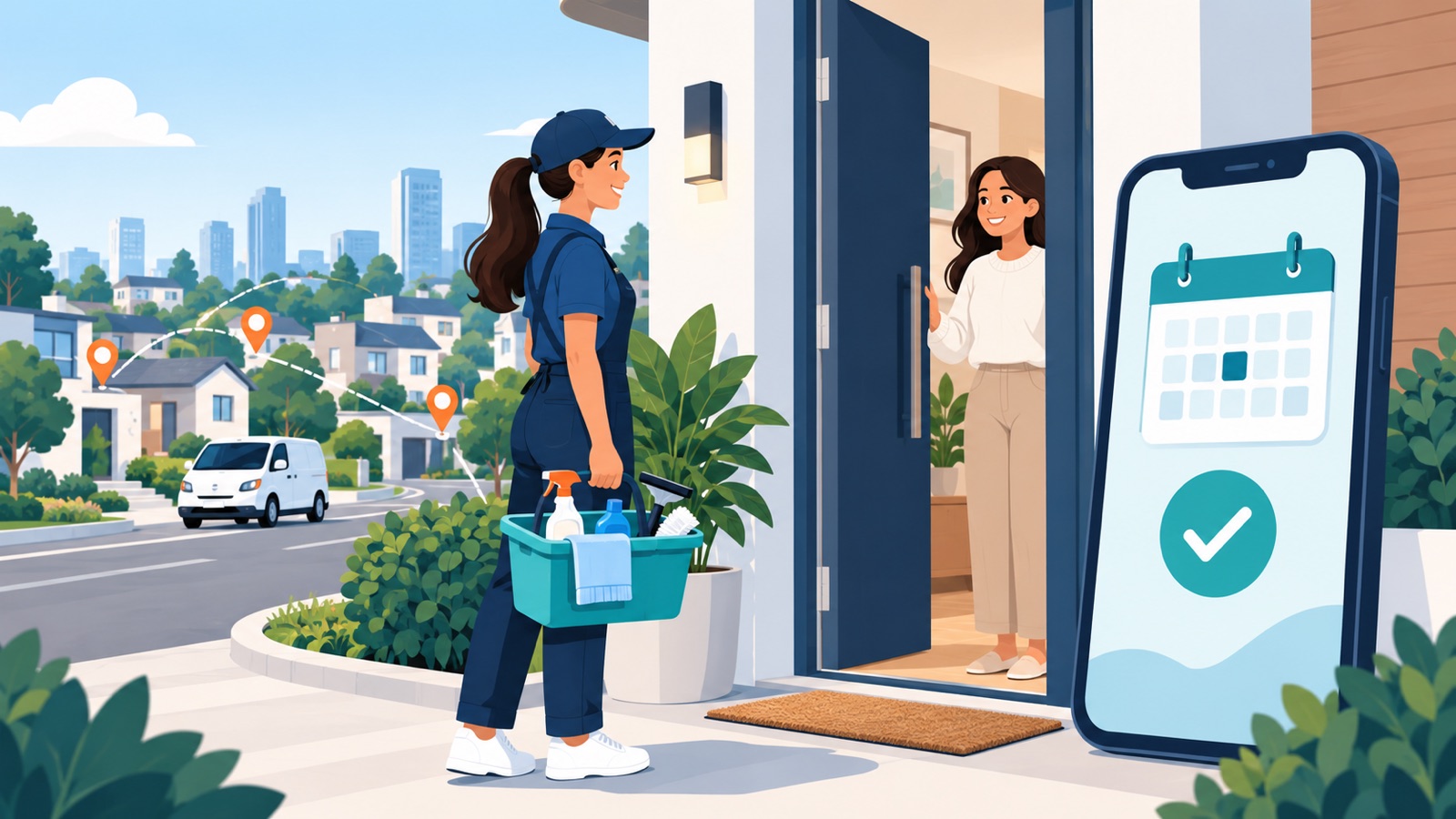 Illustration of a cleaning professional arriving at a home beside a mobile booking calendar