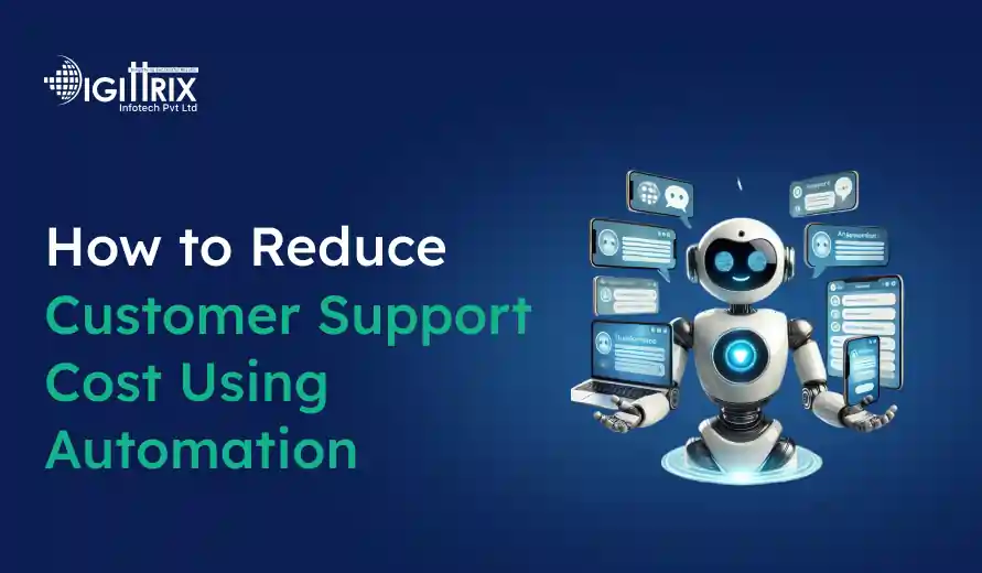 Image of a cheerful robot surrounded by floating digital devices, symbolizing automation. Text reads How to Reduce Customer Support Cost Using Automation on a blue background.