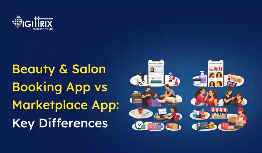 Comparison between Beauty & Salon Booking App and Marketplace App. The image shows app interfaces, services like haircutting, deliveries, and shopping.