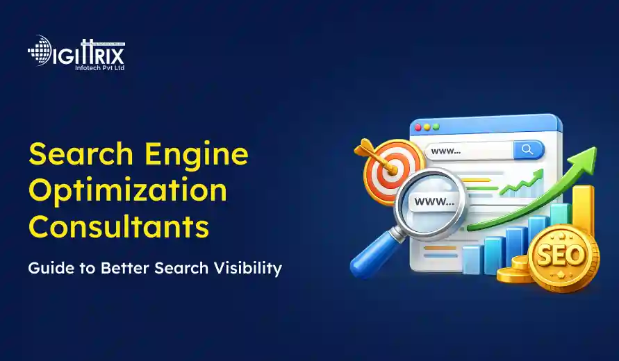 Digital graphic showcasing Search Engine Optimization Consultants with a target, magnifying glass, upward graph, and SEO coins on a blue background.