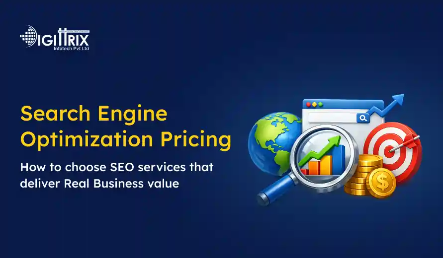 Search Engine Optimization Pricing by Digittrix Infotech with icons of globe, magnifying glass, coins, and target on a dark blue background.