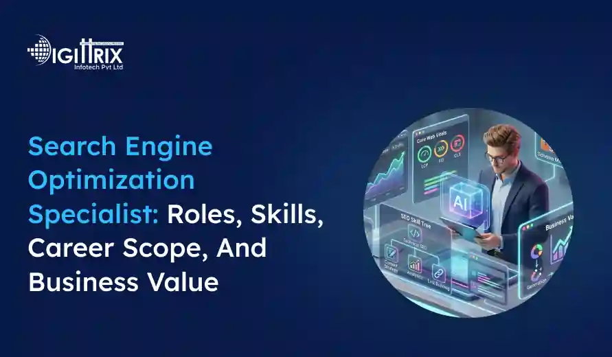Image of a professional analyzing SEO data and AI technology, alongside text about Search Engine Optimization Specialist roles and skills.