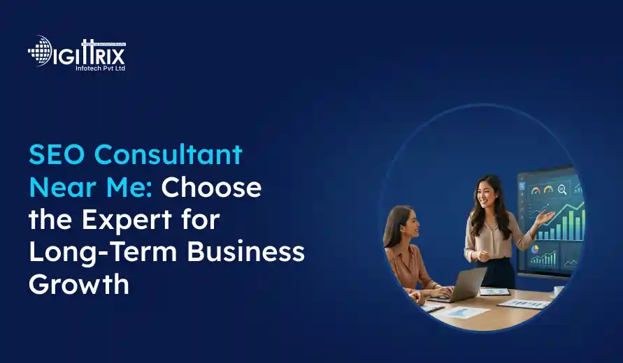 Two professionals are discussing SEO growth charts on a screen with text promoting SEO consultant services for long-term business growth.