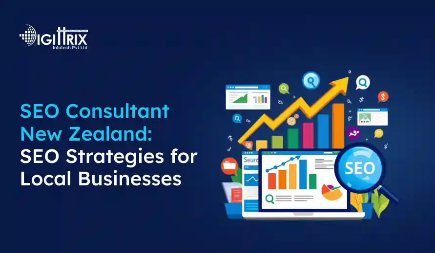 SEO Consultant New Zealand promotion with upward growth charts, a magnifying glass, and digital marketing icons on a blue background.