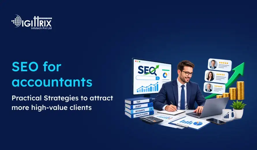 Professional accountant working on SEO strategies with charts, client reviews, and financial documents to attract high-value clients.