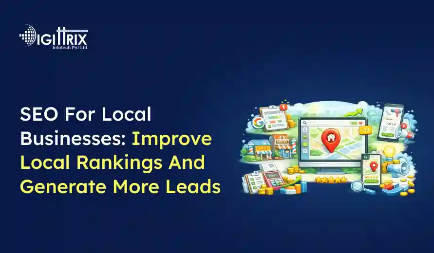 SEO for local businesses to improve local rankings and generate more leads, featuring a digital map with location pins and business icons.